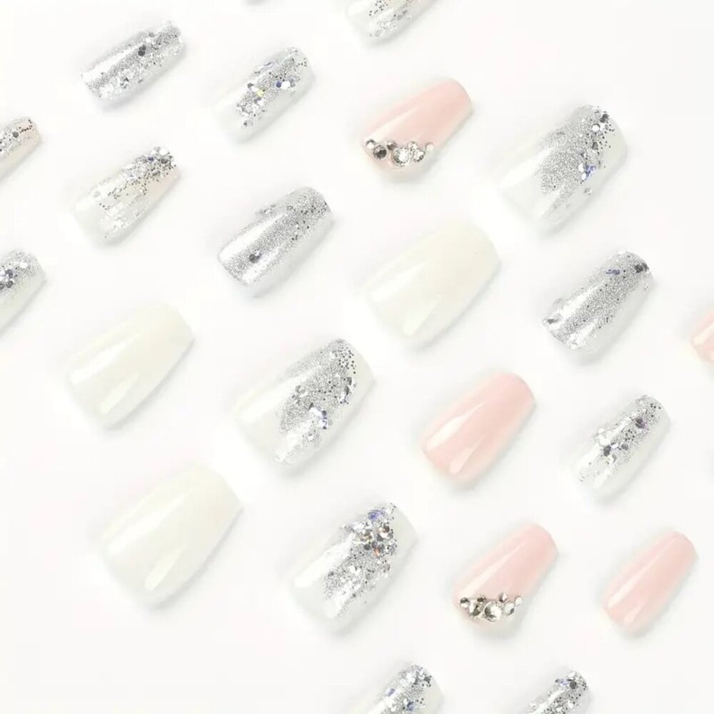 Nails Glitter Fake Press On 24 Trendy Rhinestones Sexy Glam Pink Silver Stylish - Picture 2 of 5